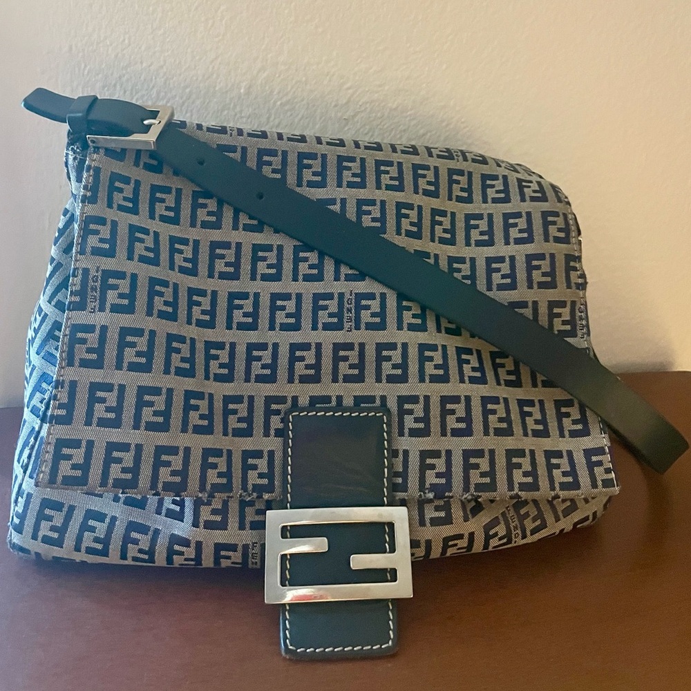 Fendi Zucchino Mama Baguette in Navy